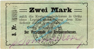 Grätz , Notgeld 2 Mark Schein in gbr. Diessner 130.2.a , Posen 1914 Notgeld 1914-15