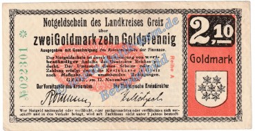 Greiz , Banknote 2,10 Gold Mark Schein in gbr. Müller 2215.3.b Wertbeständig 1923 Thüringen