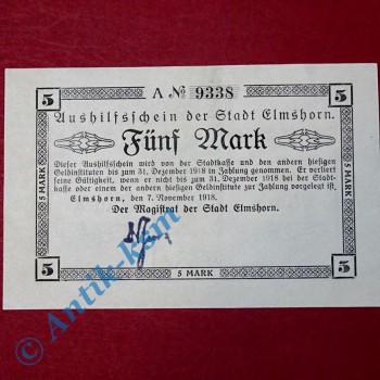 Großnotgeld Elmshorn , Stadt , 5 Mark Schein vom 07.11.1918 , Schleswig Holstein