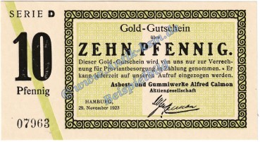 Hamburg , 10 Pfennig Gold Notgeld Schein in kfr. Müller 2325.3 Wertbeständig 1923 Hamburg