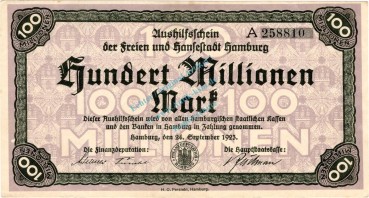 Hamburg , Banknote 100 Millionen Mark Schein unc-kfr. Keller 2109.m , Hamburg 1923 Inflation