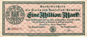 Hamburg , Banknote 1 Million Mark Schein gbr. Keller 2109.b , Hamburg 1923 Inflation