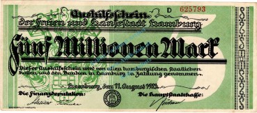 Hamburg , Banknote 5 Millionen Mark Schein gbr. Keller 2109.d-e , HaHamburg , Banknote 5 Millionen Mark Schein gbr. Keller 2109.d-e , Hamburg 1923 Inflationmburg 1923 Inflation