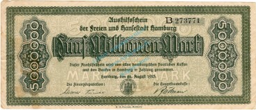 Hamburg , Banknote 5 Millionen Mark Schein gbr. Keller 2109 , Hamburg 1923 Inflation