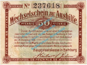 Hamburg , Notgeld 50 Pfennig -No- in kfr. Tieste 2765.175.01 , Hamburg 1917 Verkehrsausgabe