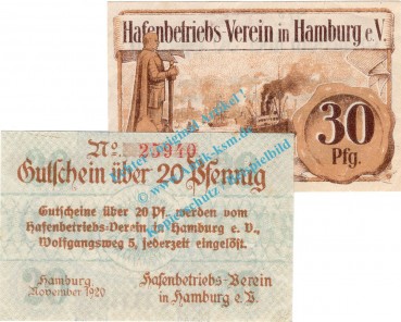 Hamburg , Notgeld Set mit 2 Scheinen in kfr. Tieste 2765.145.20-21 , Hamburg 1920 Verkehrsausgabe