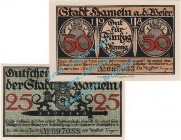 Hameln , Notgeld Set mit 2 Scheinen in kfr. Tieste 2770.25... Niedersachsen 1918 Verkehrsausgabe