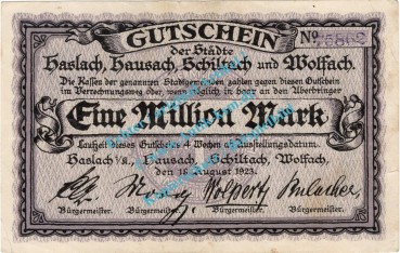 Haslach usw. Banknote 1 Million Mark Schein in gbr. Keller 2244.a-b , Baden 1923 Grossnotgeld - Inflation