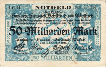 Haslach usw. Banknote 50 Milliarden Mark Schein in f-kfr. Keller 2244.c , Baden 1923 Grossnotgeld - Inflation