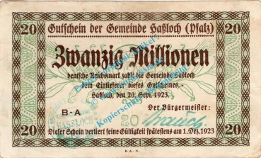 Hassloch , Banknote 20 Millionen Mark Schein in gbr. Keller 2262.d , Pfalz 1923 Grossnotgeld - Inflation