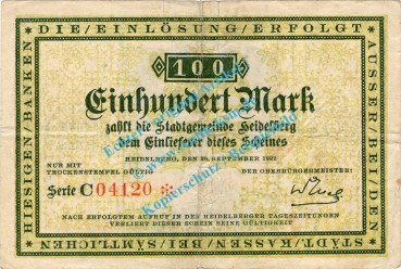 Heidelberg , Banknote 100 Mark Schein in gbr. Müller 2070.7 , Baden 1922-23 Grossnotgeld - Inflation