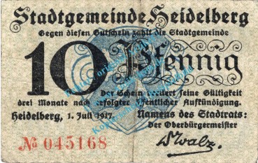 Heidelberg , Notgeld 10 Pfennig Schein in gbr. Tieste 2855.05.01 , Baden 1917 Verkehrsausgabe