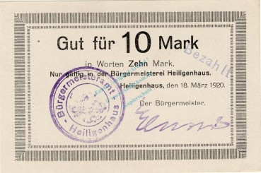 Heiligenhaus , Banknote 10 Mark Schein unc-kfr. Geiger 229.02.b , Rheinland 1920 Grossnotgeld