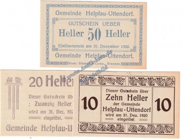 Helpfau-Uttendorf , Notgeld Set mit 3 Brotkarten in kfr. K-K 365.II , Oberösterreich o.D.