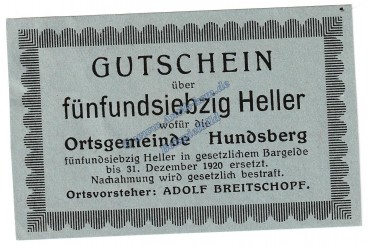 Hundsberg , Notgeld 75 Heller -blaugrau- in kfr. K-K S.402.b , Oberösterreich o.D.