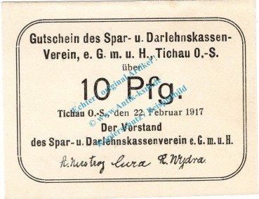 Tichau , Notgeld 10 Pfennig Schein in kfr. Tieste 7350.05.05 , Oberschlesien 1917 Verkehrsausgabe