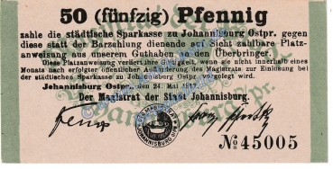 Johannisburg , Notgeld 50 Pfennig Schein in kfr. Tieste 3290.05.07 , Ostpreussen 1917 Verkehrsausgabe