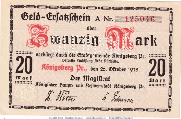 Königsberg , 20 Mark Notgeld Schein in kfr.E , Geiger 287.06 von 1918 , Ostpreussen Grossnotgeld