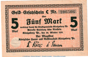 Königsberg , 5 Mark Notgeld Schein in kfr. Geiger 287.02 von 1918 , Ostpreussen Grossnotgeld