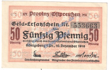 Königsberg , Notgeld 50 Pfennig Schein in kfr. Tieste 3595.20.01 , Ostpreussen 1918 Verkehrsausgabe