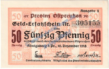 Königsberg , Notgeld 50 Pfennig Schein in kfr. Tieste 3595.20.05 , Ostpreussen 1918 Verkehrsausgabe