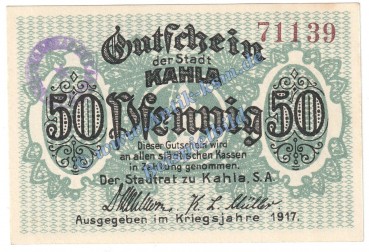 Kahla , Notgeld 50 Pfennig Schein in kfr. Tieste 3325.05.20 , Thüringen 1917 Verkehrsausgabe