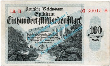 Gutschein / Banknote über Einhundert Milliarden Mark , Reichsbahndirektorium Karlsruhe , Großnotgeld - Inflation Bundesland : Baden , Keller : 2583.e Wasserzeichen : Bogenkreuz  ,  Datum : 15.10.1923 Das Notgeld Set besteht aus 1 x : 100 Milliarden Mark S