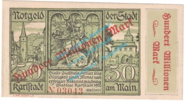 Karlstadt , Notgeld 100 Millionen Mark -Überdruck- in kfr. Keller 2585 , Bayern 1923 Grossnotgeld Inflation