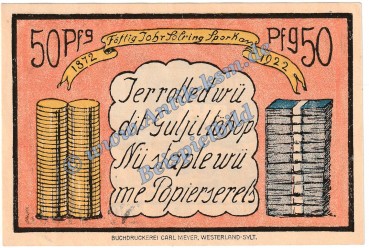 Keitum , Notgeld 50 Pfennig Schein in kfr. M-G 684.1 Schleswig 1922 Seriennotgeld