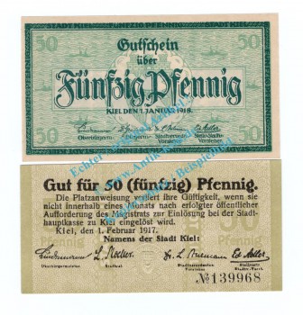 Kiel , Notgeld Set mit 2 Scheinen in kfr. Tieste 3470.40.10,20 , Schleswig Holstein 1917-18 Verkehrsausgabe