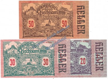 Kirchham , Notgeld Set mit 3 Scheinen in kfr. K-K 446.II , Oberösterreich o.D.