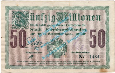 Kirchheimbolanden , Notgeld 50 Millionen Mark -Blume- in gbr. Keller 2652.w , Pfalz 1923 Inflation