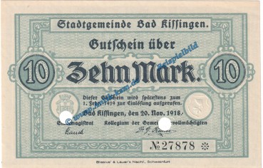 Kissingen , Banknote 10 Mark Schein in kfr.E , Geiger 272.02 von 1918 , Grossnotgeld Bayern