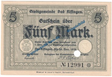 Kissingen , Banknote 5 Mark Schein in kfr.E , Geiger 272.01 von 1918 , Grossnotgeld Bayern