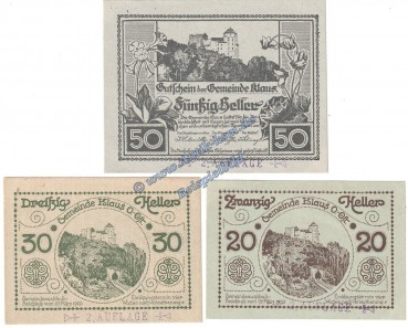 Klaus , Notgeld Set mit 3 Scheinen -2.Aufl- in kfr. K-K 454.II.h , Oberösterreich o.D.