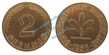 Kursmünze BRD , 2 Pfennig Stück Stgl. von 1958 F , J.381 , 0519