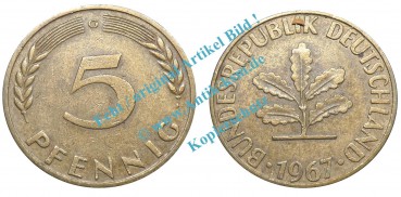 Kursmünze BRD , 5 Pfennig Stück zirkuliert von 1967 G , J.382 , -0543-