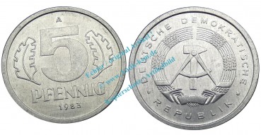 Kursmünze DDR , 5 Pfennig Stück bfr-Stgl. von 1983 A , J.1509 -0569-