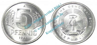 Kursmünze DDR , 5 Pfennig Stück bfr-Stgl. von 1986 A , J.1509 -0531-