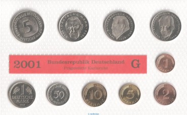 Kursmünzen Satz Deutschland , KMS von 2001 G , stempelglanz , Jäger 180 , Bundesrepublik Deutschland