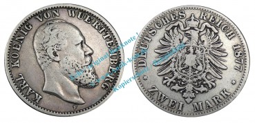 Kursmünze Württemberg , 2 Mark Stück s - ss. von 1877 F , J.172 -0479-