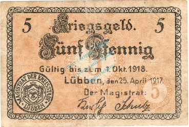 Lübben , Notgeld 5 Pfennig Schein in gbr. Ti.4245.05.01 , Brandenburg 1917 Verkehrsausgabe