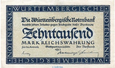 Länderbanknote , 10.000 Mark Schein in gbr. WTB-13, Ros.773, S.982 , vom 20.02.1923 , Württembergische Notenbank