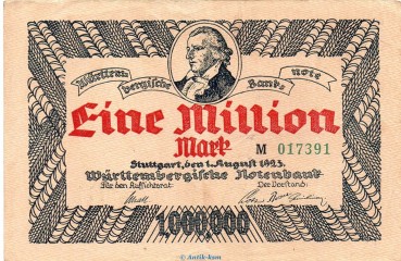 Länderbanknote , 1 Million Mark Schein in gbr. WTB-18, Ros.778, S.987 , vom 01.08.1923 , Württembergische Notenbank