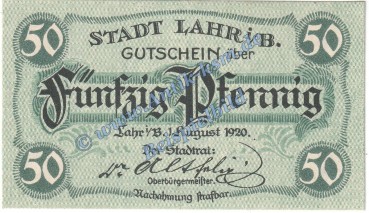 Lahr , Notgeld 50 Pfennig Schein in kfr. Tieste 3810.05.45 , Baden 1920 Verkehrsausgabe