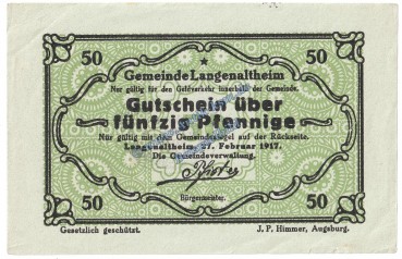 Langenaltheim , Notgeld 50 Pfennig Schein in kfr. M-G 766.3.a , Bayern 1917 Seriennotgeld