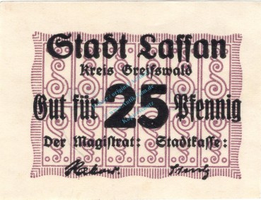 Lassan , Notgeld 25 Pfennig Schein unc-kfr. Ti.3890.10.11 , Pommern o.D. VerkehrsausgabeLassan , Notgeld 25 Pfennig Schein unc-kfr. Ti.3890.10.11 , Pommern o.D. Verkehrsausgabe