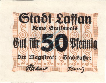 Lassan , Notgeld 50 Pfennig Schein unc-kfr. Ti.3890.10.12 , Pommern o.D. Verkehrsausgabe