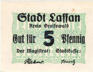 Lassan , Notgeld 5 Pfennig Schein unc-kfr. Ti.3890.10.10 , Pommern o.D. Verkehrsausgabe