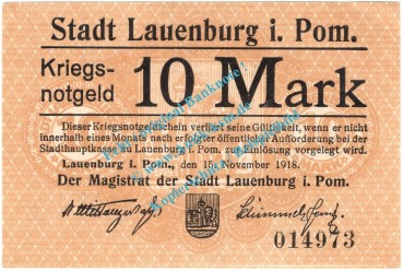 Lauenburg , Notgeld 10 Mark Schein in kfr. Geiger 310.02.a , Pommern 1918 Grossnotgeld